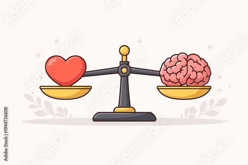 Vector Illustration of a Red Heart and Pink Human Brain Balanced on a Scale, Representing the Harmony Between Logic and Emotion, Rationality and Feeling, Mental Health and Decision Making Concept