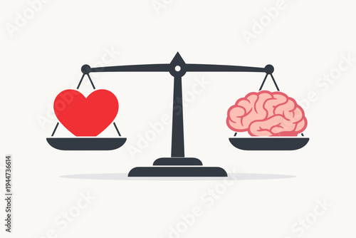 Vector illustration of a red heart and a pink human brain balanced on a black scale, representing the harmony between logic and emotion, reason and feeling, and mental health stability.