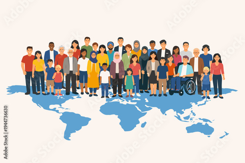 Diverse group of people of various ages, ethnicities, and abilities standing together on a blue world map, flat vector illustration symbolizing global diversity, international community, and unity.