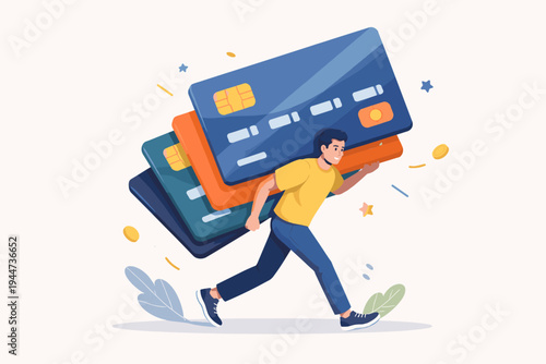 Flat vector illustration of a man carrying a heavy stack of oversized credit cards on his back, symbolizing financial burden, debt management, consumerism, banking services, and personal finance.