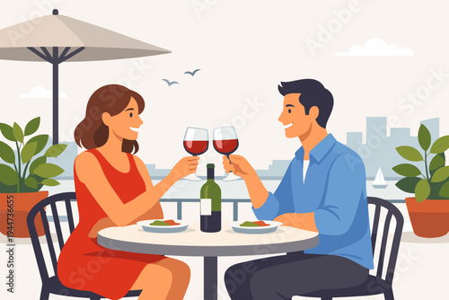 Happy man and woman having a romantic dinner date on a restaurant balcony overlooking the city skyline. Couple clinking red wine glasses at a table with food. Flat vector illustration concept.