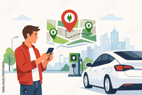 Vector illustration of a man using a smartphone app to locate an electric vehicle charging station on a map, standing by his white EV car in a modern city with charging point infrastructure.