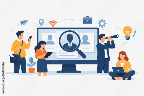 Business People Searching for Employment and Hiring Candidates Using Modern Technology, Laptops, and Magnifying Glass on a Computer Screen for Human Resources, Recruitment, and Talent Acquisition.