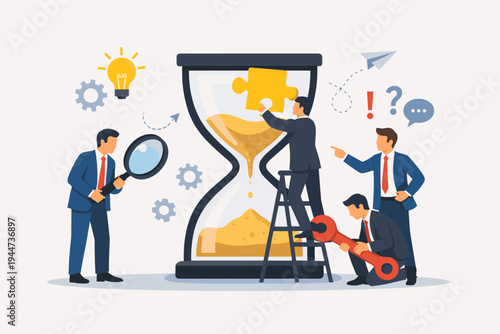 Business team collaborating around a giant hourglass to manage time and solve complex problems. Concept of teamwork, productivity, efficiency, and meeting deadlines in a flat vector illustration.