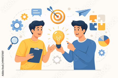 Vector illustration of two men collaborating and brainstorming new creative ideas together with lightbulb, gears, target, and puzzle icons, representing teamwork and business innovation.