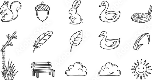 Collection of hand-drawn nature and park icons in a simple doodle style