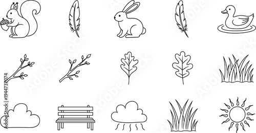 Collection of simple line art icons representing nature and park elements