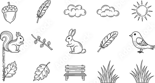 Collection of hand-drawn nature elements and park icons in a simple outline style