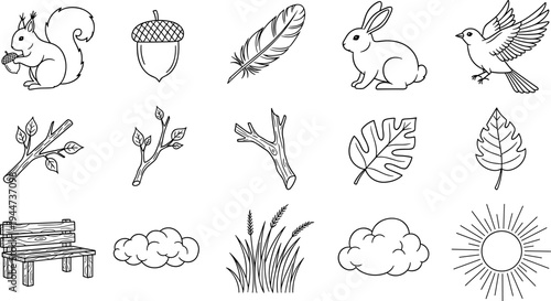 Collection of hand-drawn nature elements and animals in a simple outline style