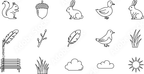 Collection of simple line art icons representing nature and animals for spring and summer themes