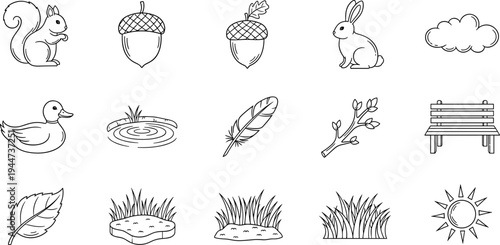 Collection of simple line art icons representing nature and park elements for design