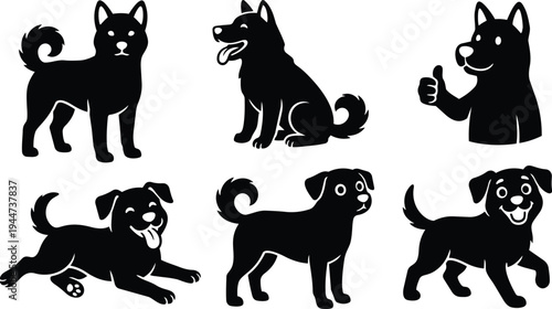 Flat design playful dog icon set six black silhouettes showing sitting standing running playful panting wagging tail close up head