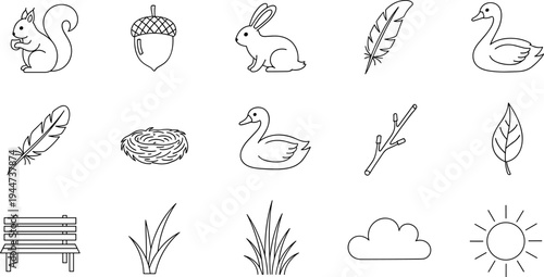 Collection of simple line art icons representing nature and park elements