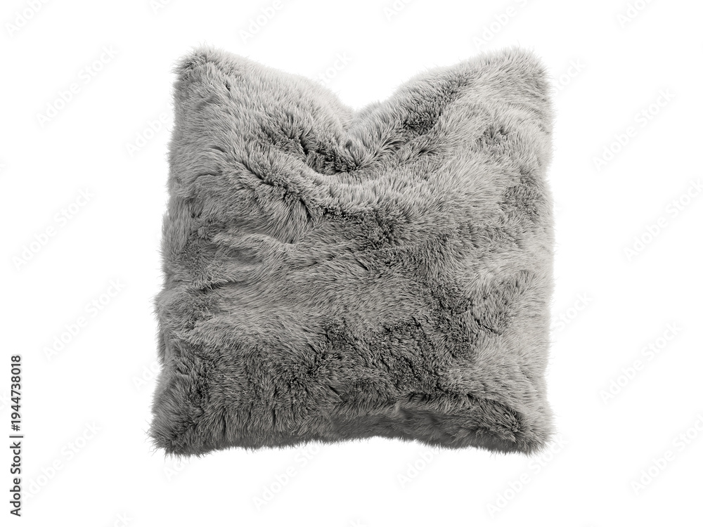 Fototapeta premium Light gray shaggy faux fur pillow isolated PNG, square fluffy cushion with wavy brushed fur texture, soft plush decorative home decor element