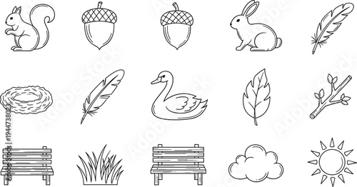 Collection of simple line art icons representing nature and park elements