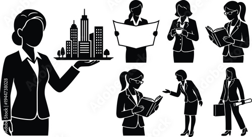 Silhouette vector close up female businesswoman presenting miniature city skyline on palm while other office figures gesturing reading drinking coffee