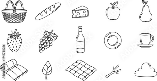Collection of hand-drawn picnic icons including basket, food, drinks, and nature elements