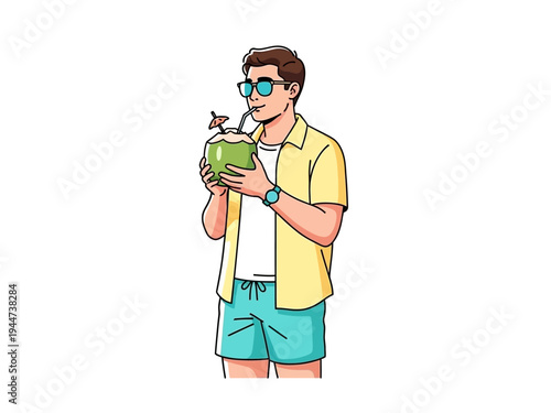 Man Enjoying Refreshing Coconut Drink on Vacation.