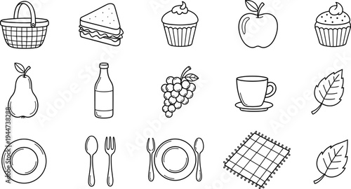 Collection of hand-drawn picnic and food icons for a delightful outdoor meal experience