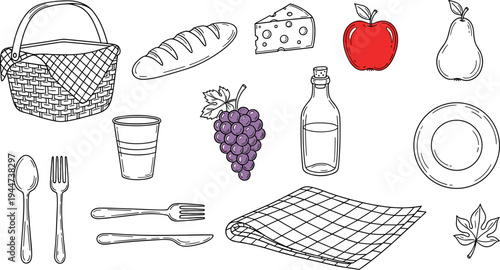 Hand-drawn picnic essentials including basket, food, and tableware for outdoor dining
