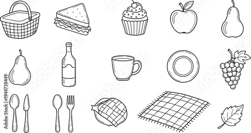 Hand-drawn picnic essentials including basket, sandwich, fruits, and cutlery