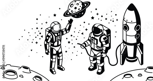 Line art vector illustration two astronauts exploring lunar surface near rocket with tether and floating ringed planet in starfield playful