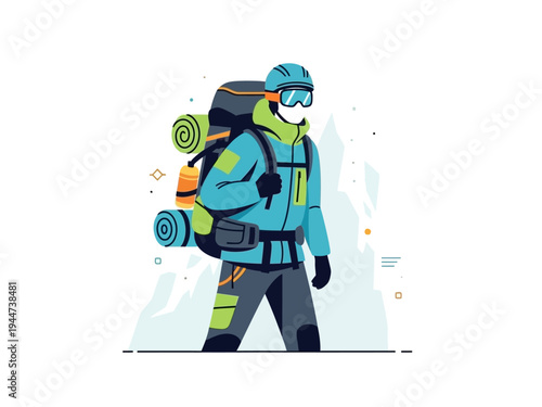 Man in winter gear with backpack ready for adventure.
