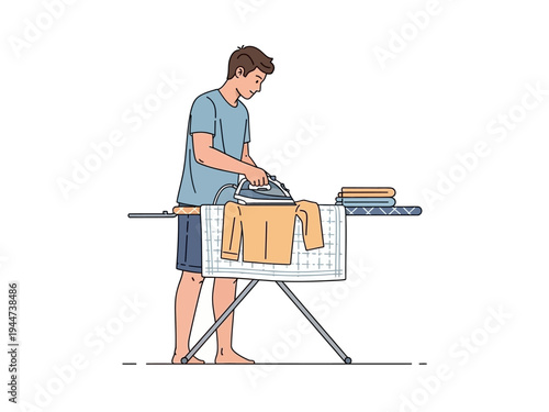 Man ironing clothes on an ironing board at home.