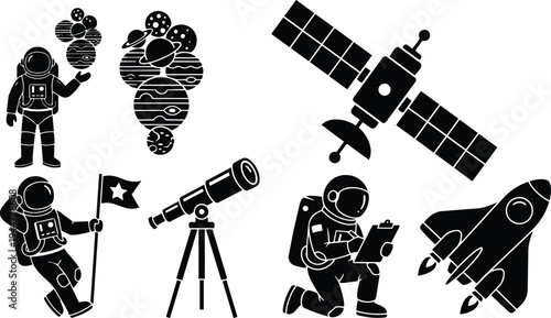 Flat design astronaut and space icons set with rocket satellite telescope planets and kneeling astronaut holding clipboard in profile silhouette