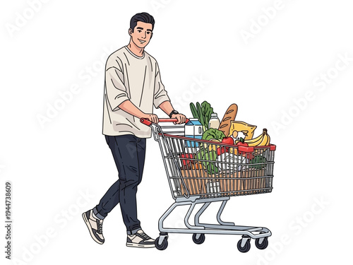 Man Pushing Full Grocery Cart.
