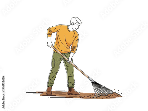 Man Raking Leaves in the Garden.