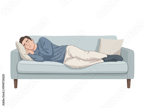 Man resting comfortably on a light blue sofa indoors.