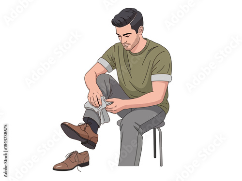 Man sitting and cleaning his brown leather shoes.