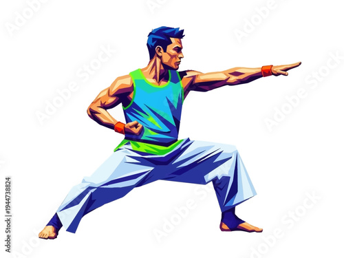 Martial Artist Performing Dynamic Karate Stance with Focused Expression.