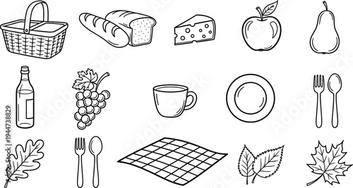 Hand-drawn picnic essentials including basket, bread, cheese, fruit, and tableware