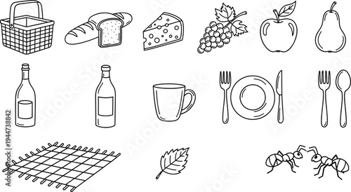 Hand-drawn picnic essentials and food items for an outdoor meal illustration