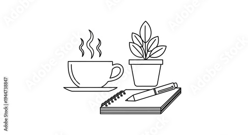 Coffee Cup and Notebook Desk Setup.