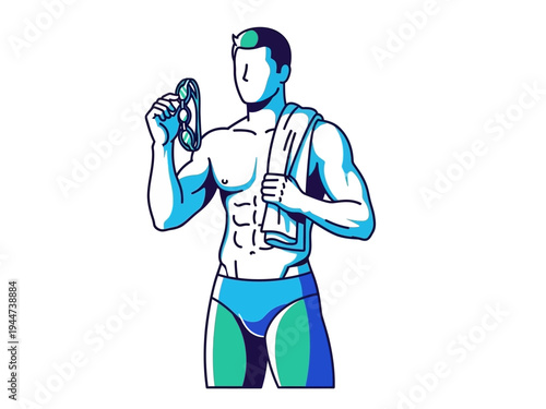 Muscular Man in Swim Trunks Holding Goggles.