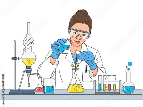 Scientist performing chemical experiment in laboratory setting.