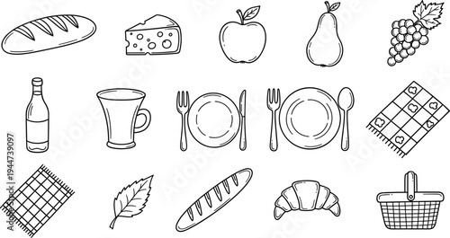 Hand-drawn picnic elements including food, drinks, and tableware for outdoor dining
