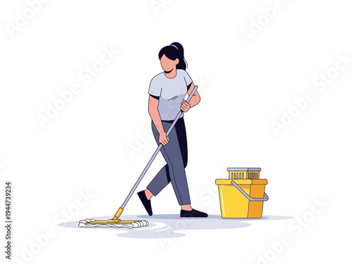 Woman cleaning floor with mop and bucket.