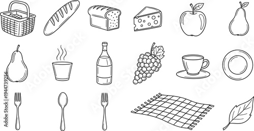 Collection of picnic and food icons in a simple line art style