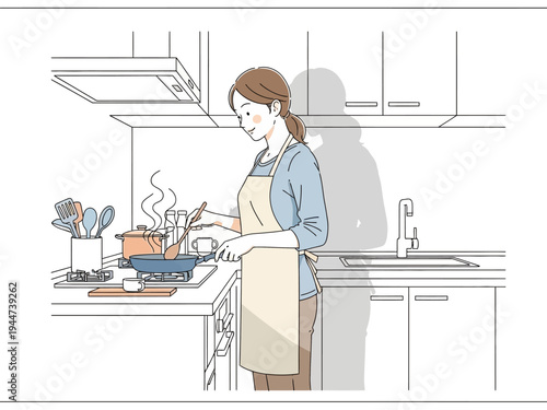 Woman cooking in a modern kitchen with steam rising from a pot.