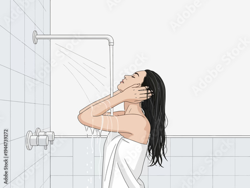 Woman enjoying a refreshing shower in a tiled bathroom.