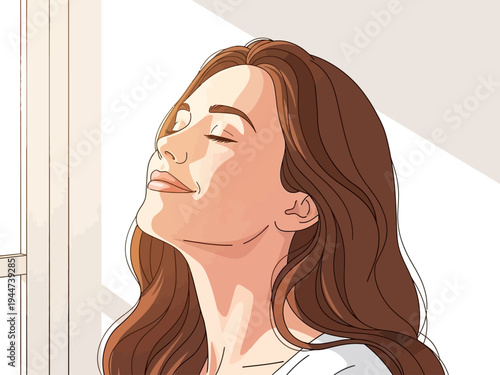 Woman enjoying sunlight with eyes closed peacefully.