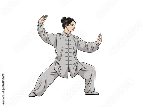 Woman performing traditional Chinese Tai Chi martial art pose.