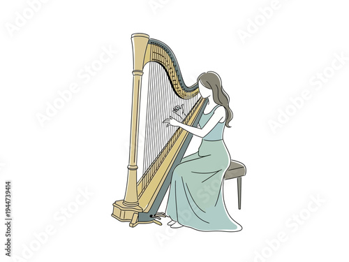 Woman playing a large golden harp in a long dress.