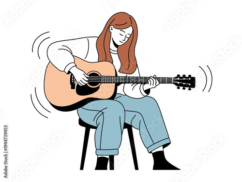 Woman playing acoustic guitar with focus and passion.