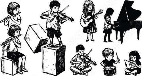 Line art children musicians playing violin flute guitar piano and drum in expressive poses classroom practice session black ink vector