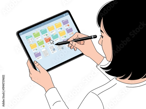 Woman using a stylus to interact with a tablet screen.